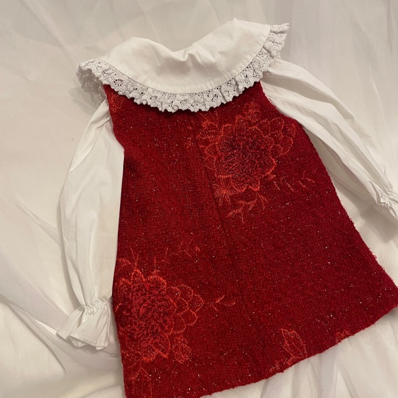 Girls Elegant Red Tweed Dress with White Blouse | Holiday Outfit - Picture 4 of 5